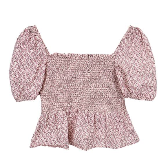 French Connection Floral Cottagecore Puff Sleeve Poplin Smocked Babydoll Top M - Picture 2 of 8